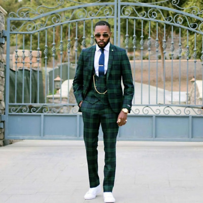 Green Check Plaid Men Suits Formal Grooms Wedding Suit +Pants+Vest Slim  Suits | Ebay